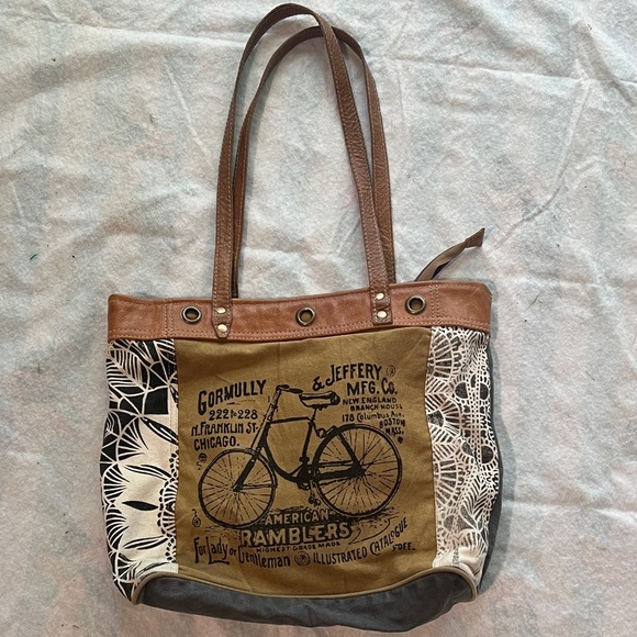 Myra Bag Handbags - Myra Bag Brown and Tan Canvas Bicycle Tote